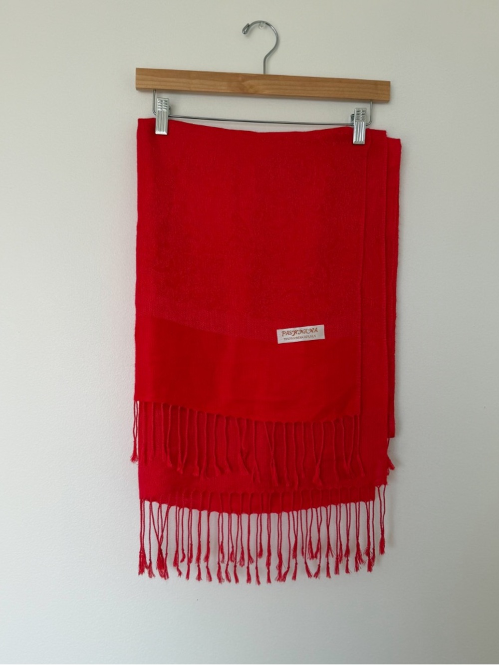 Vibrant Red Silk Pashmina Scarf With Fringe Tassel Hem